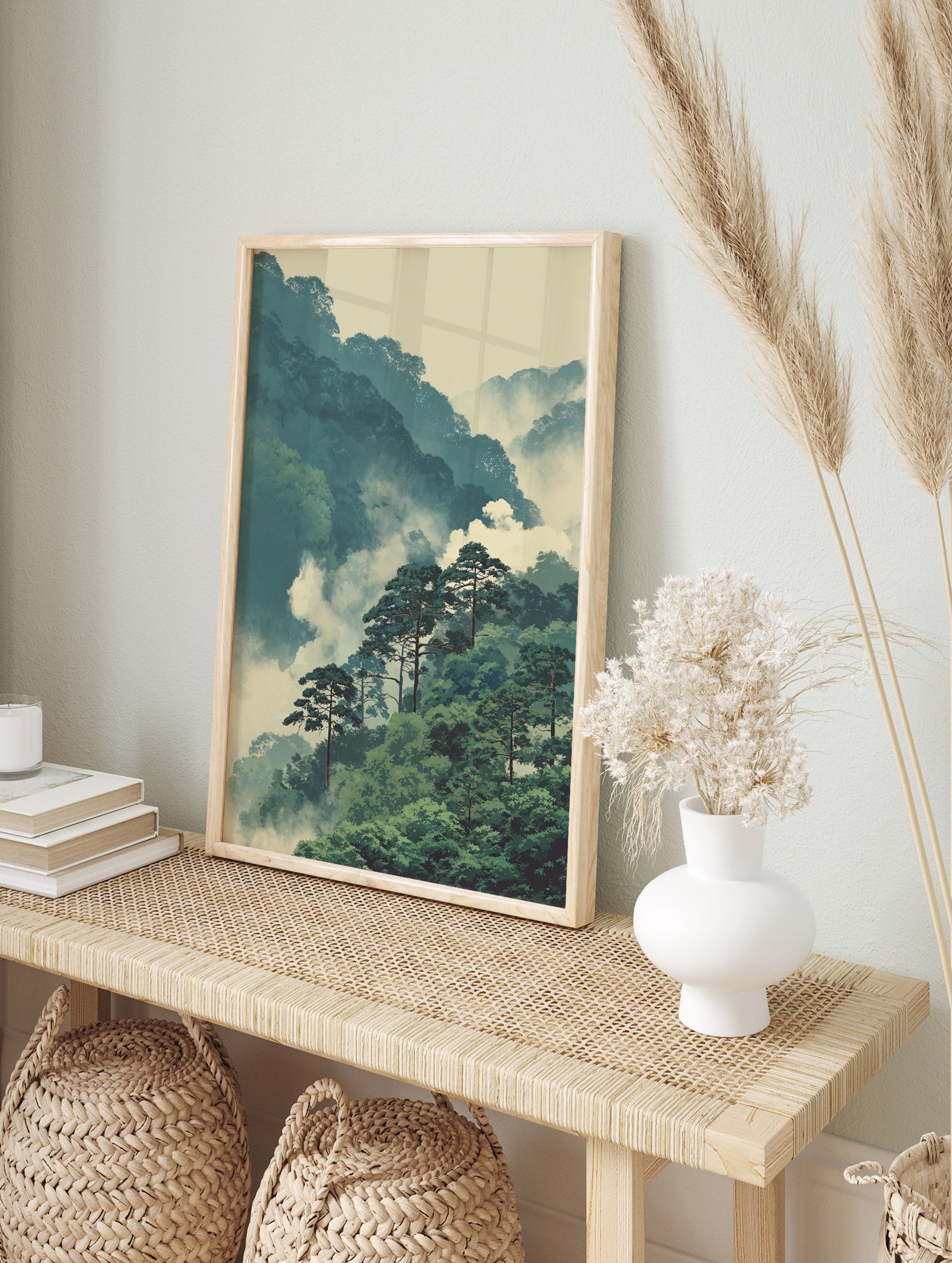Japanese Forest Landscape Poster featuring misty green mountains, blue distant peaks, and tall pine trees in an illustrative style. - Image 4