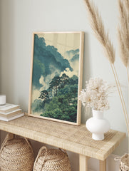Japanese Forest Landscape Poster featuring misty green mountains, blue distant peaks, and tall pine trees in an illustrative style. - Image 4