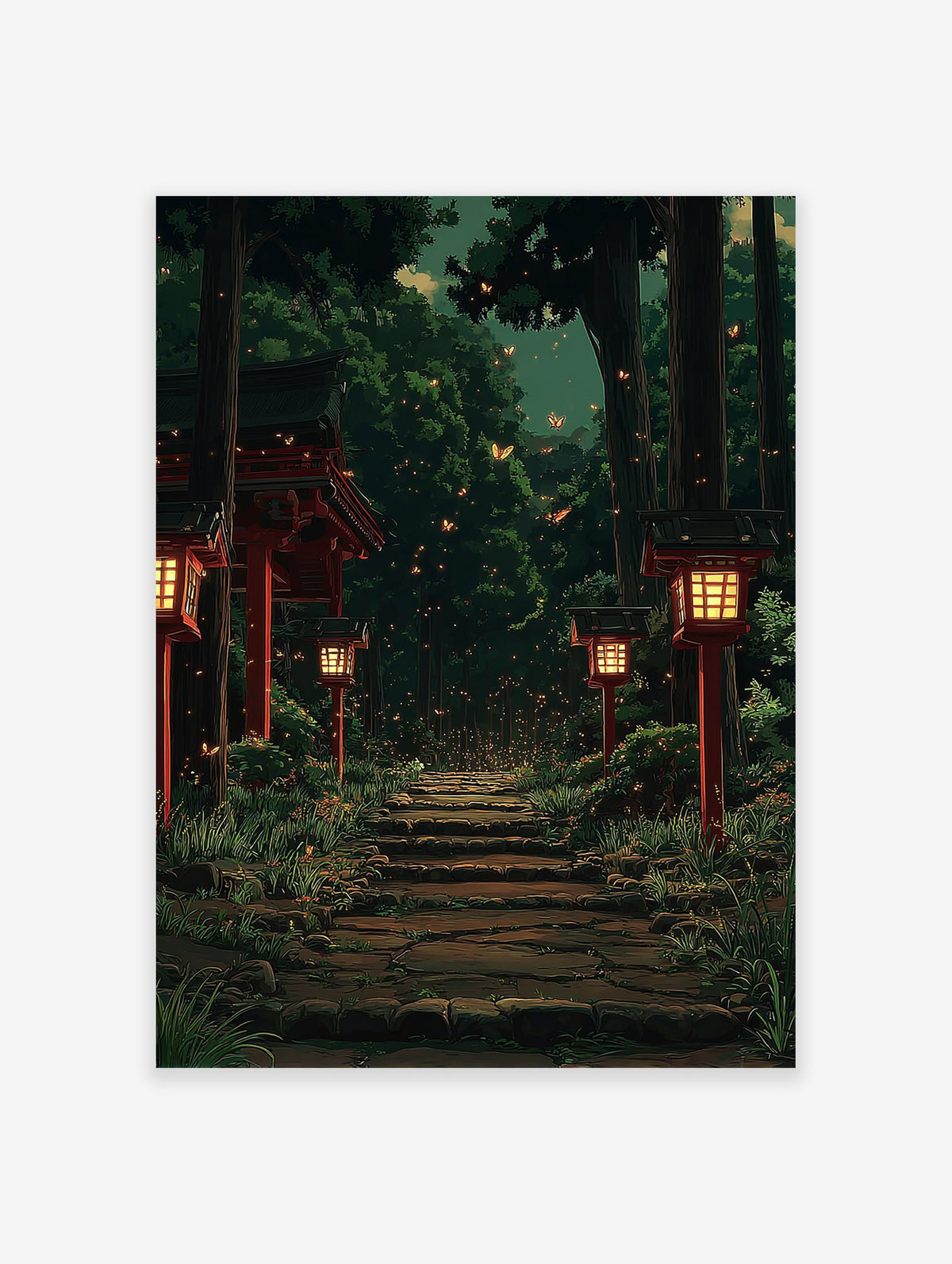 Japanese Forest Poster showing a stone path through a dark forest, lit by red lanterns and glowing fireflies.