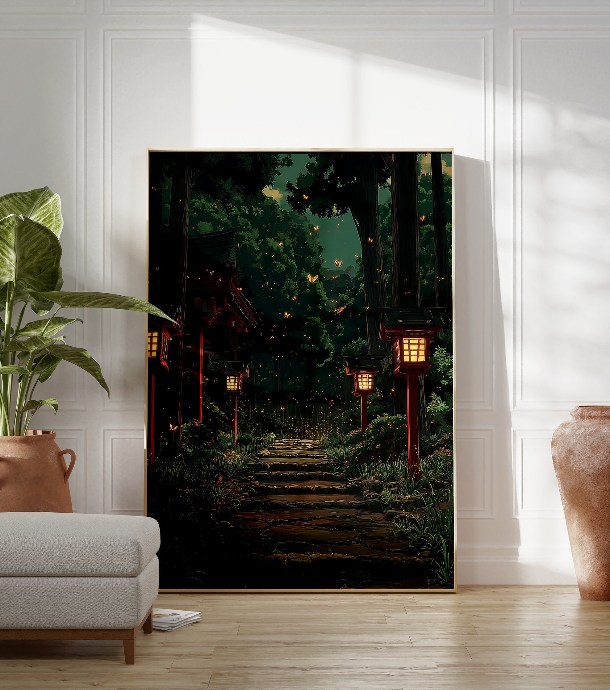 Japanese Forest Poster showing a stone path through a dark forest, lit by red lanterns and glowing fireflies. - Image 3