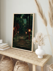 Japanese Forest Poster showing a stone path through a dark forest, lit by red lanterns and glowing fireflies. - Image 4