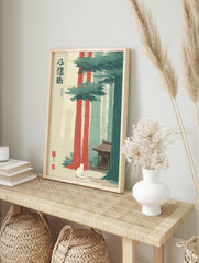 Illustrative Japanese forest shrine wall art with white cat, tall red and green trees, and, in an alternate framed mockup