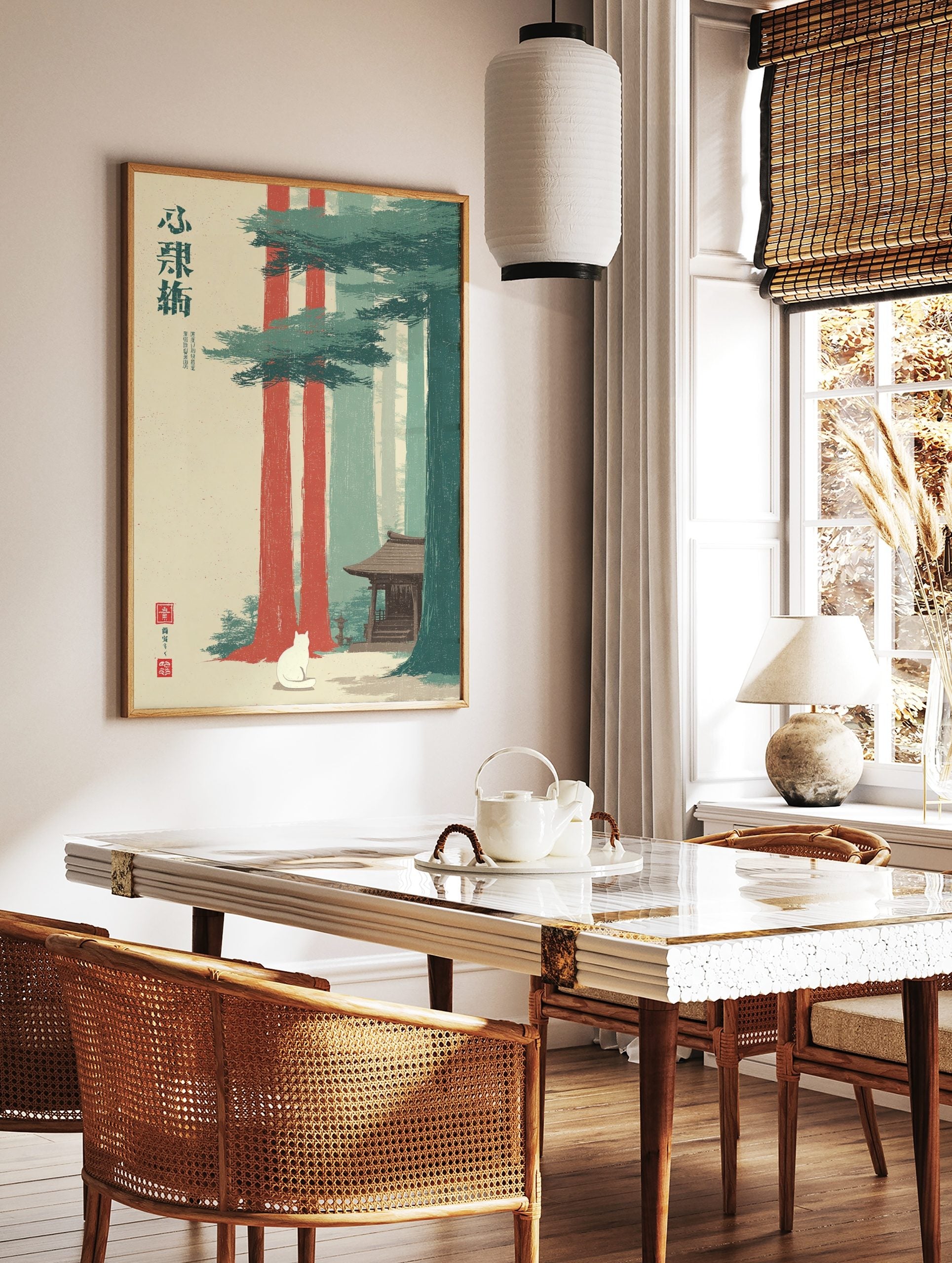 Illustrative Japanese forest shrine wall art with white cat, tall red and green trees, and, in a styled room mockup