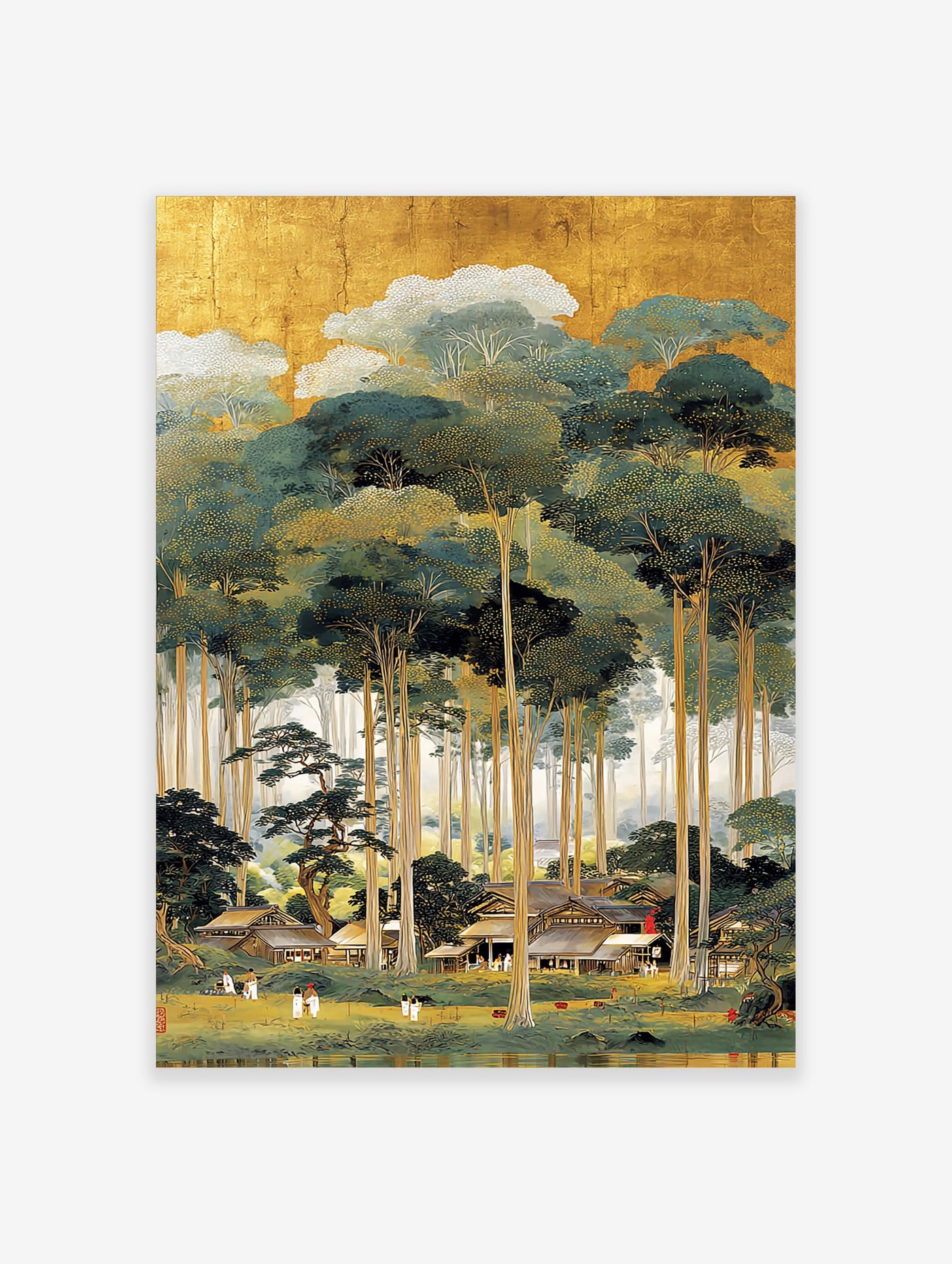 Japanese forest village poster with tall green trees, gold sky, and traditional houses