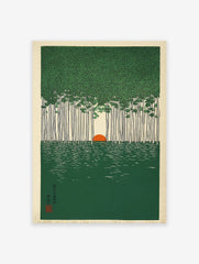 Japanese forest landscape wall art featuring tall green trees, an orange sun, and green water, in a woodblock print style.