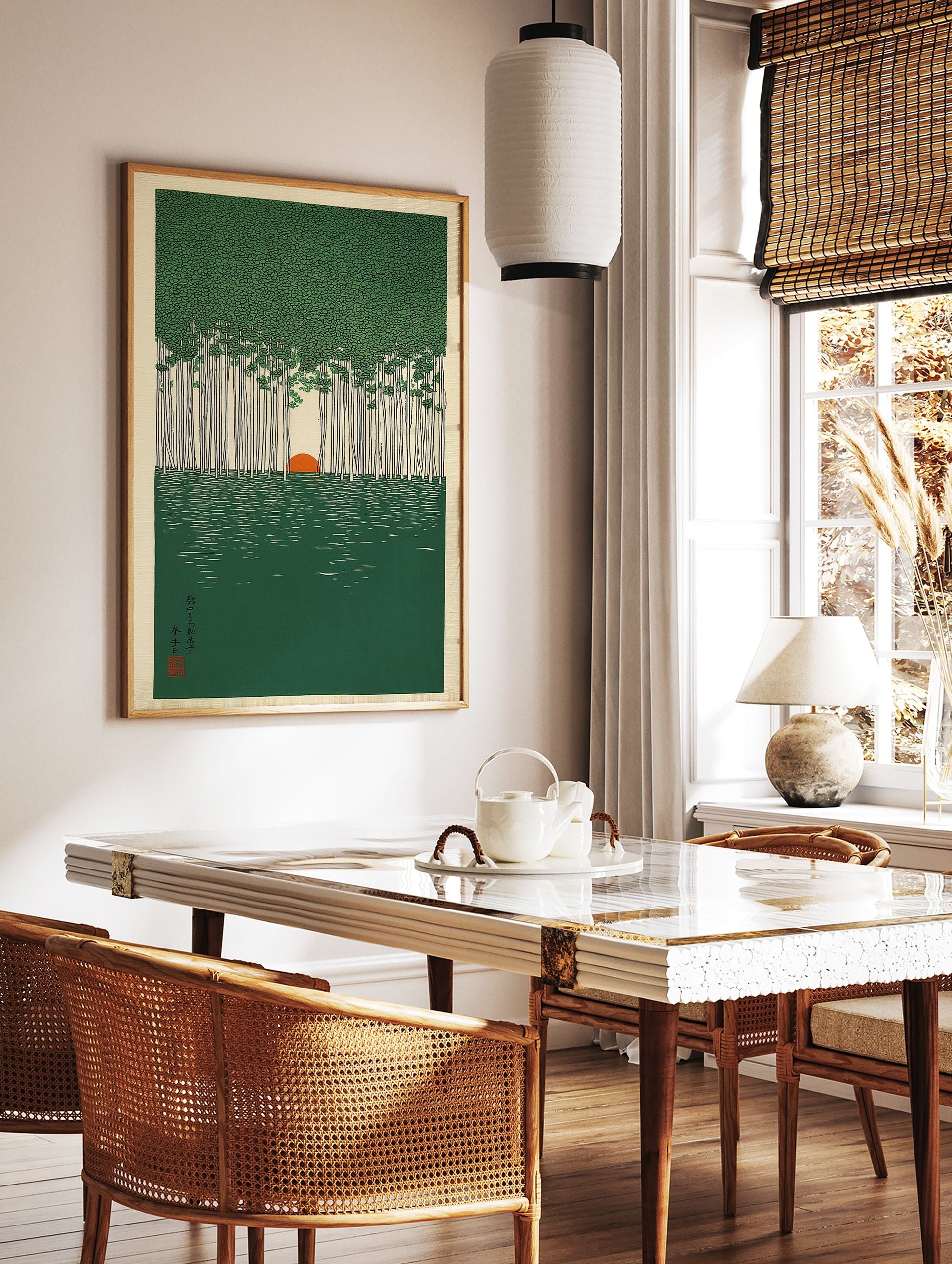 Japanese forest landscape wall art featuring tall green trees, an orange sun, and green water, in a woodblock print style. - Image 2