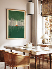 Japanese forest landscape wall art featuring tall green trees, an orange sun, and green water, in a woodblock print style. - Image 2
