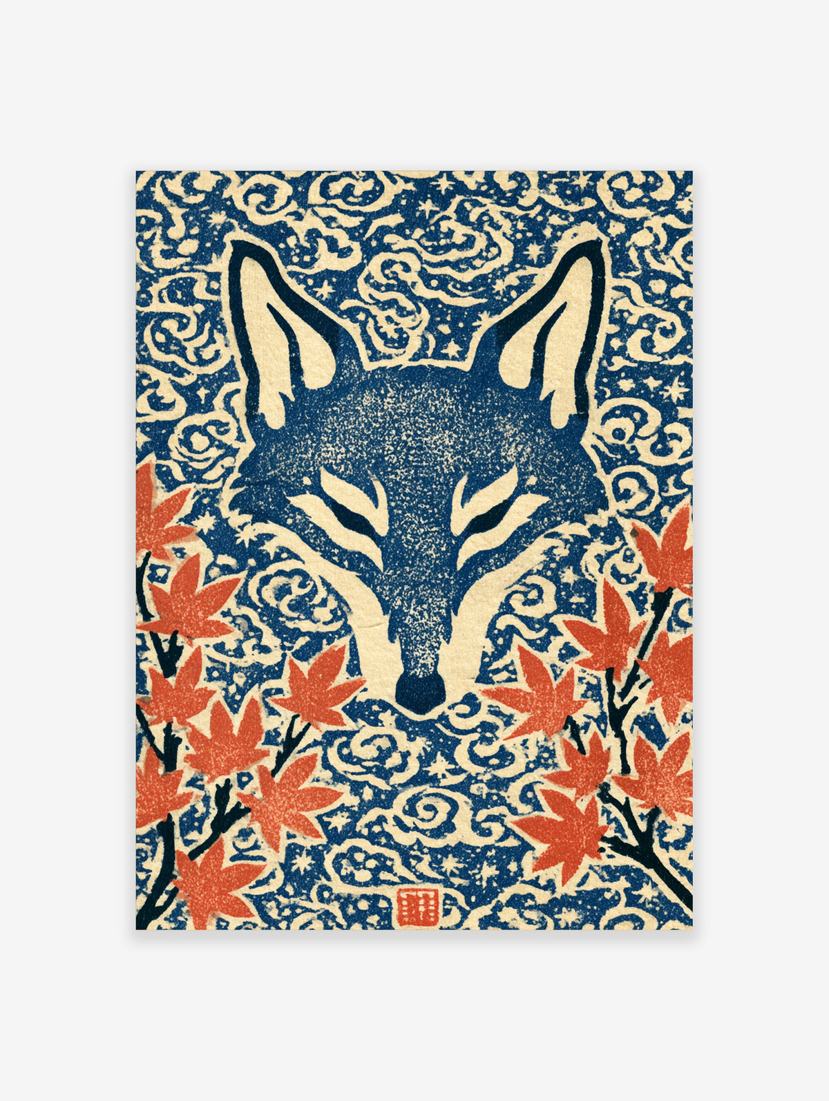 Blue Japanese fox mask poster with red maple leaves and swirling cloud patterns