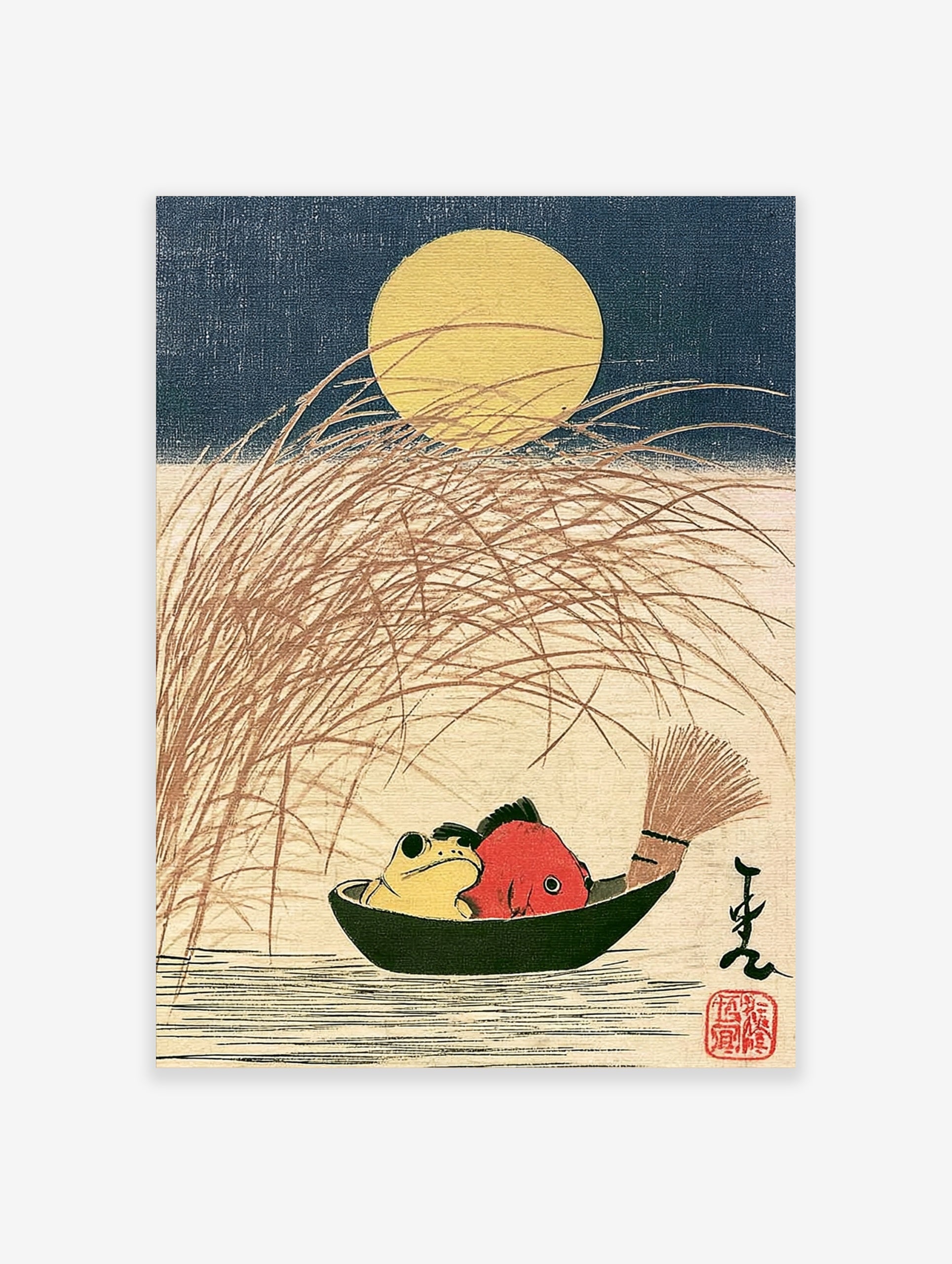 Japanese woodblock-style print of a yellow frog and red fish in a boat under a full moon with tall grasses
