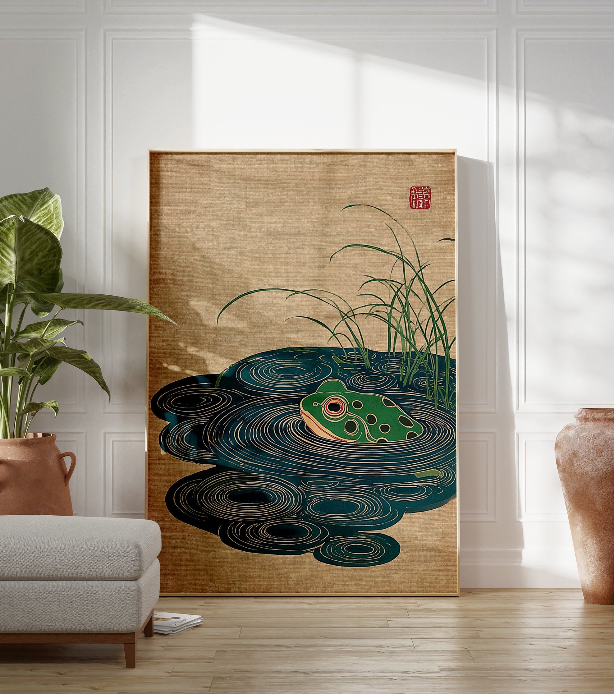 Japanese Ukiyo-e style frog art print featuring a green frog in a pond with water ripples and tall grass. - Image 3