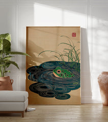 Japanese Ukiyo-e style frog art print featuring a green frog in a pond with water ripples and tall grass. - Image 3