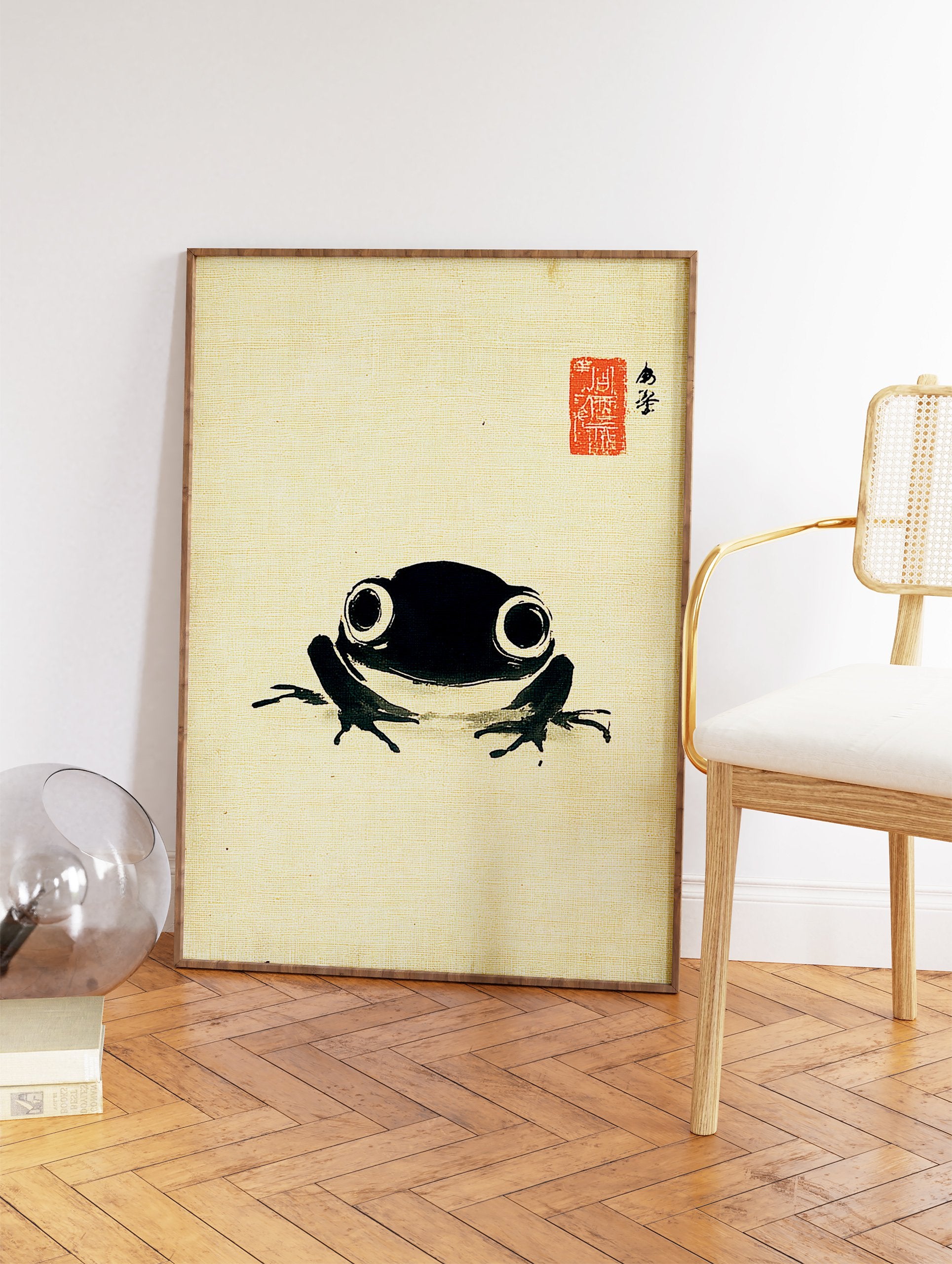 Minimalist black frog ink wash art print on a light beige textured background with Japanese calligraphy and red stamp. - Image 2