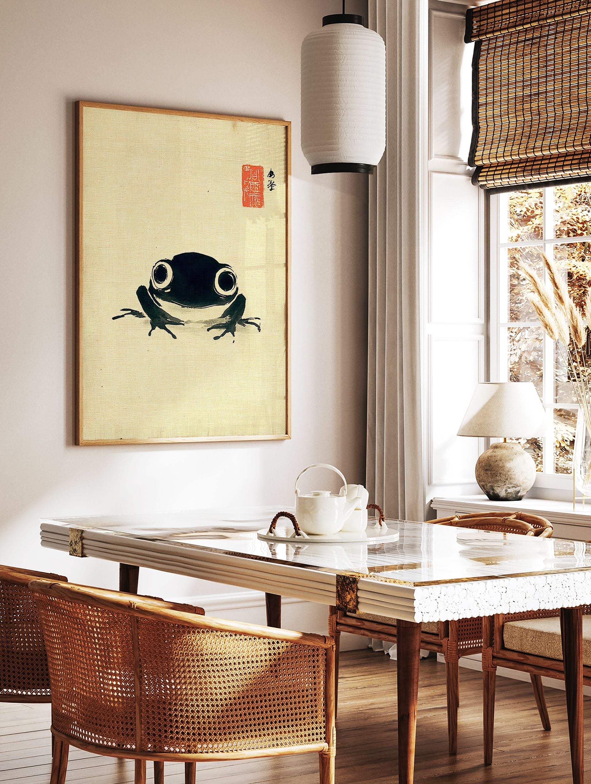 Minimalist black frog ink wash art print on a light beige textured background with Japanese calligraphy and red stamp. - Image 3