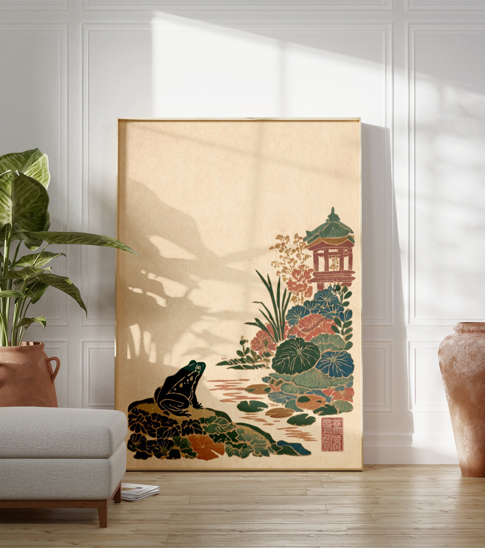 Japanese frog illustration by a pond with water lilies, a pagoda, and plants in traditional woodblock print style. - Image 3