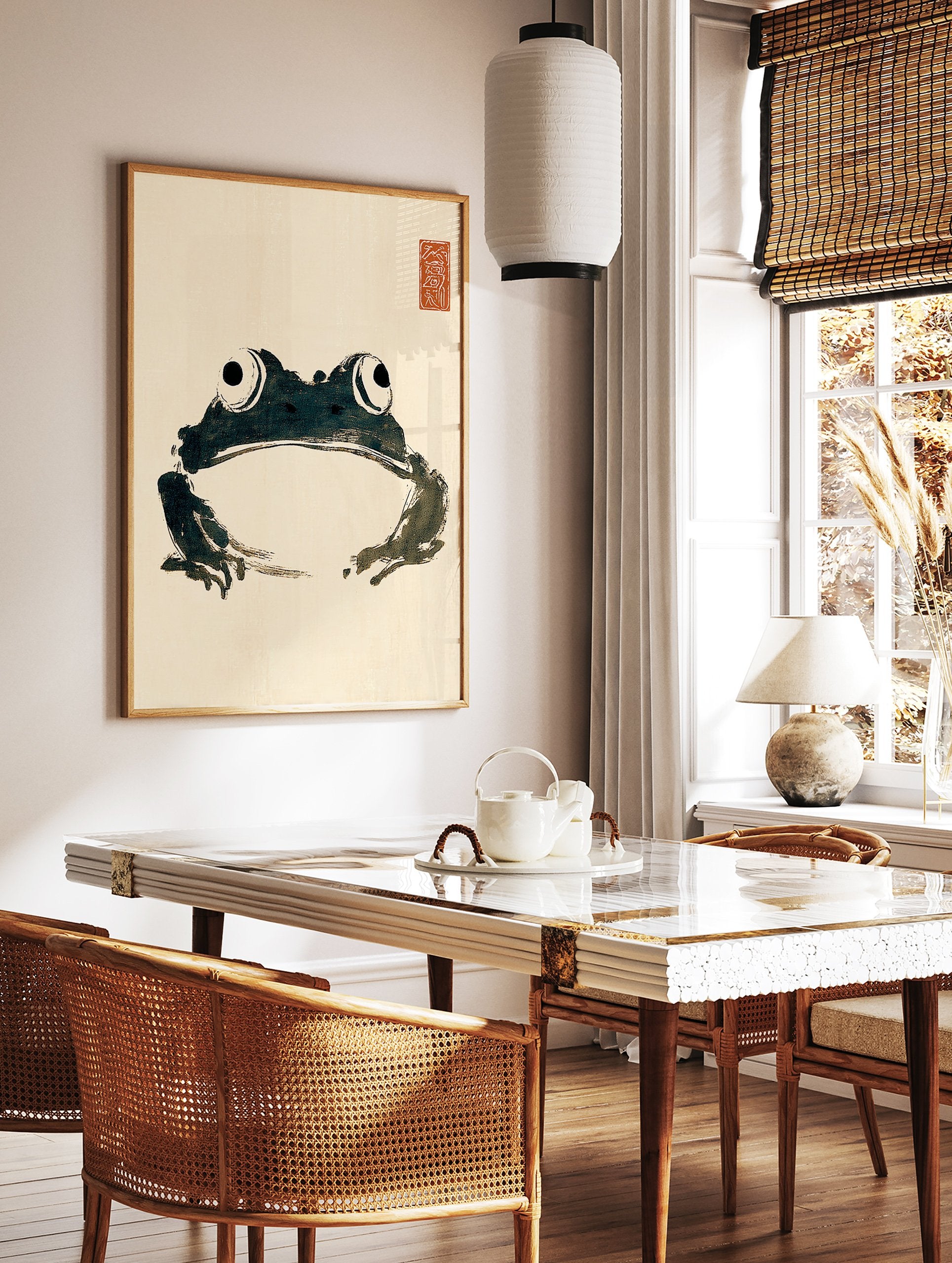 Minimalist Japanese sumi-e ink wash frog art print on a light beige background with a red artist's seal. - Image 3