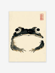 Traditional Japanese Sumi-e style frog art print with black ink and beige details on a cream background, red stamp.