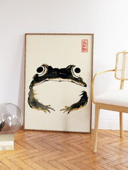 Traditional Japanese Sumi-e style frog art print with black ink and beige details on a cream background, red stamp. - Image 2