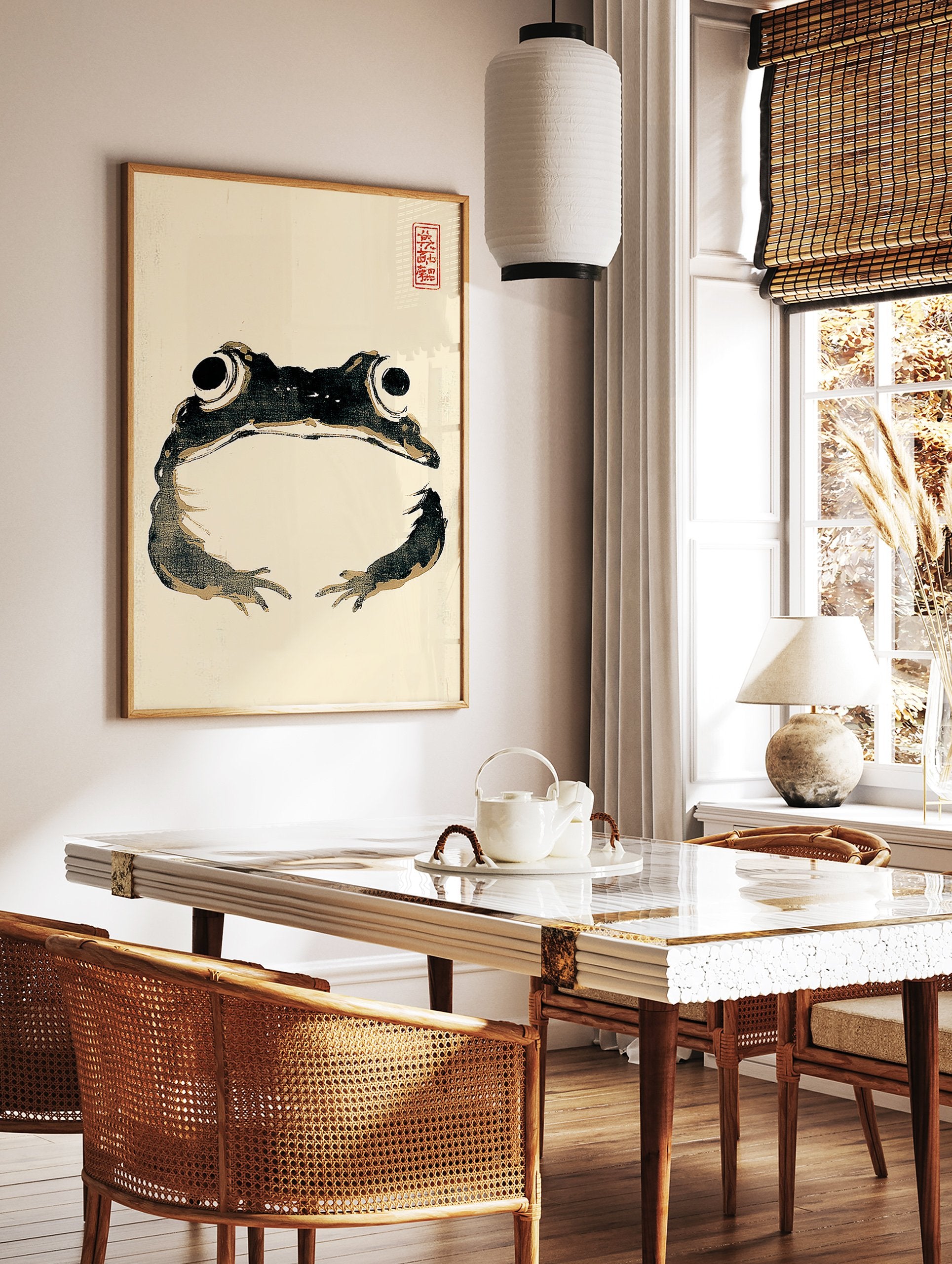 Traditional Japanese Sumi-e style frog art print with black ink and beige details on a cream background, red stamp. - Image 3