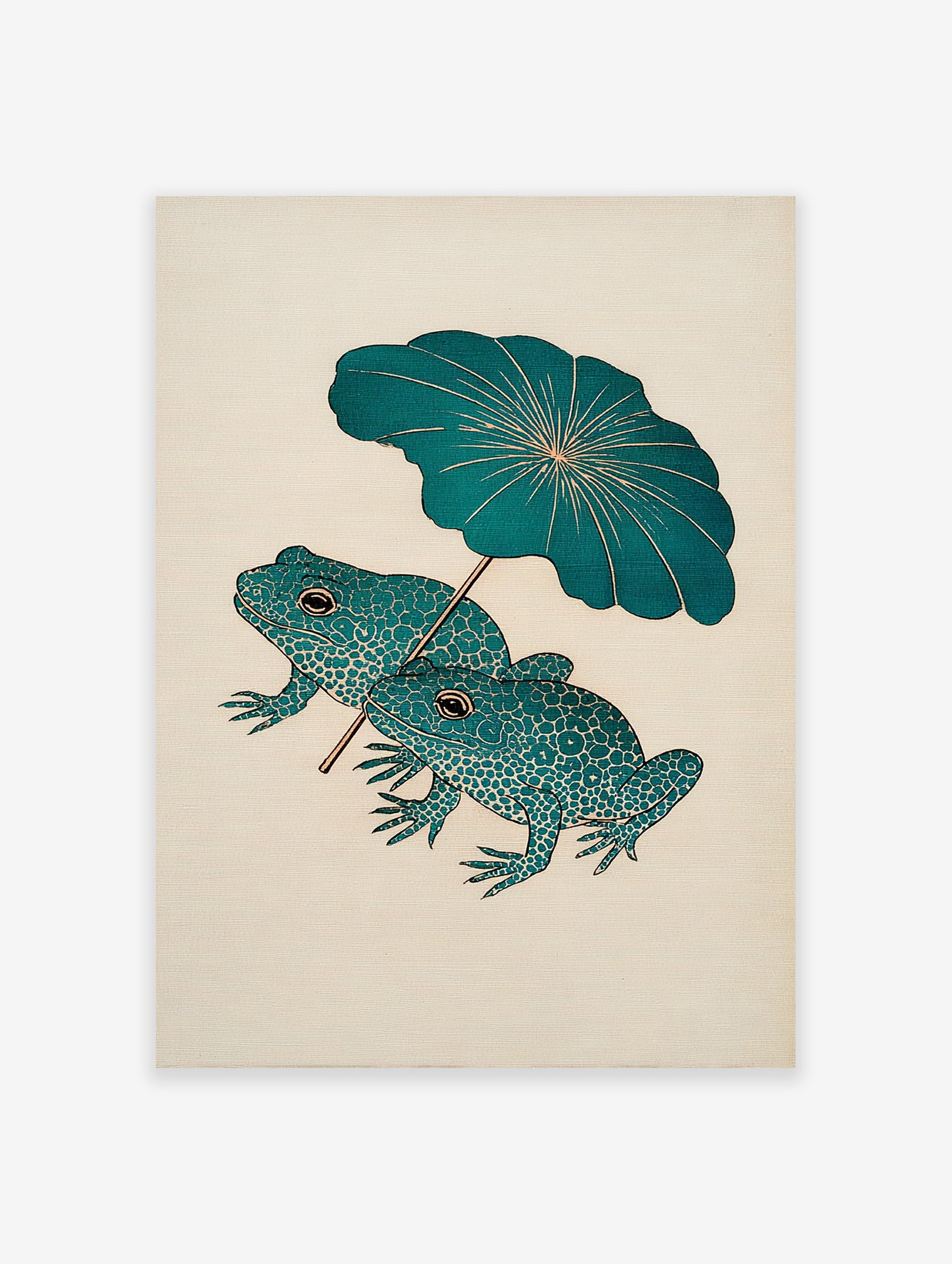 Japanese frog art print showing two teal frogs with patterned skin holding a large green lotus leaf as an umbrella.