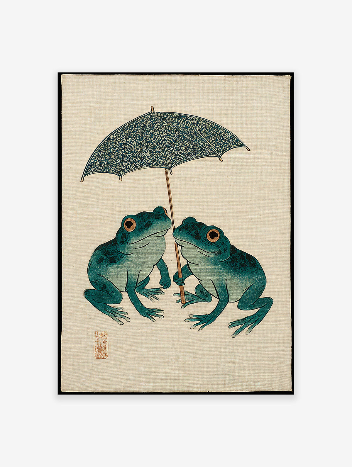 Japanese Frog Art print of two teal frogs with orange eyes sharing a patterned blue umbrella on a beige background.