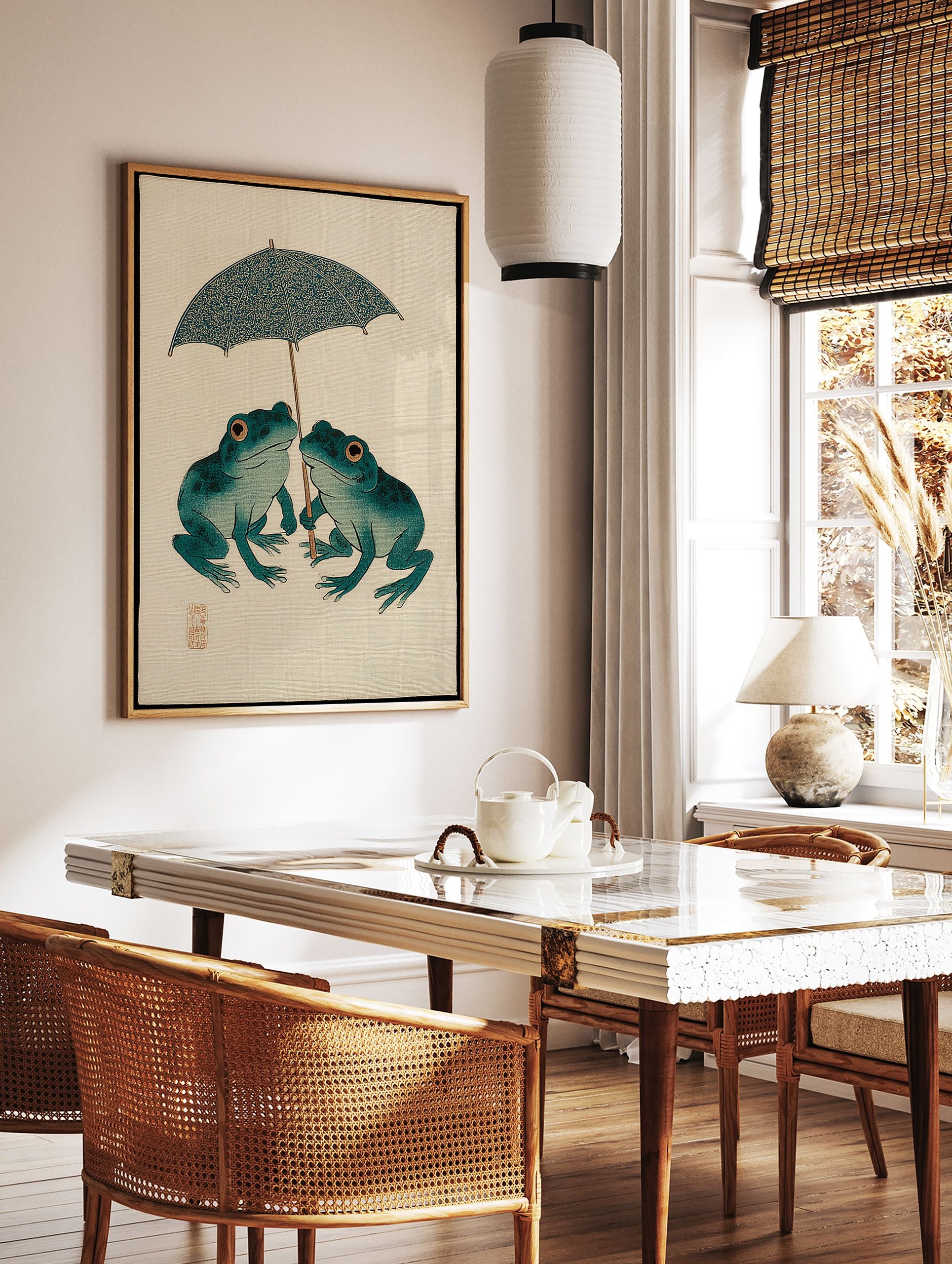 Japanese Frog Art print of two teal frogs with orange eyes sharing a patterned blue umbrella on a beige background. - Image 3
