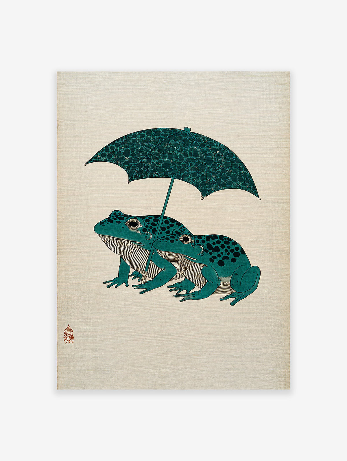 Japanese woodblock style art print of two teal frogs with black spots under a patterned dark green umbrella on a cream background.