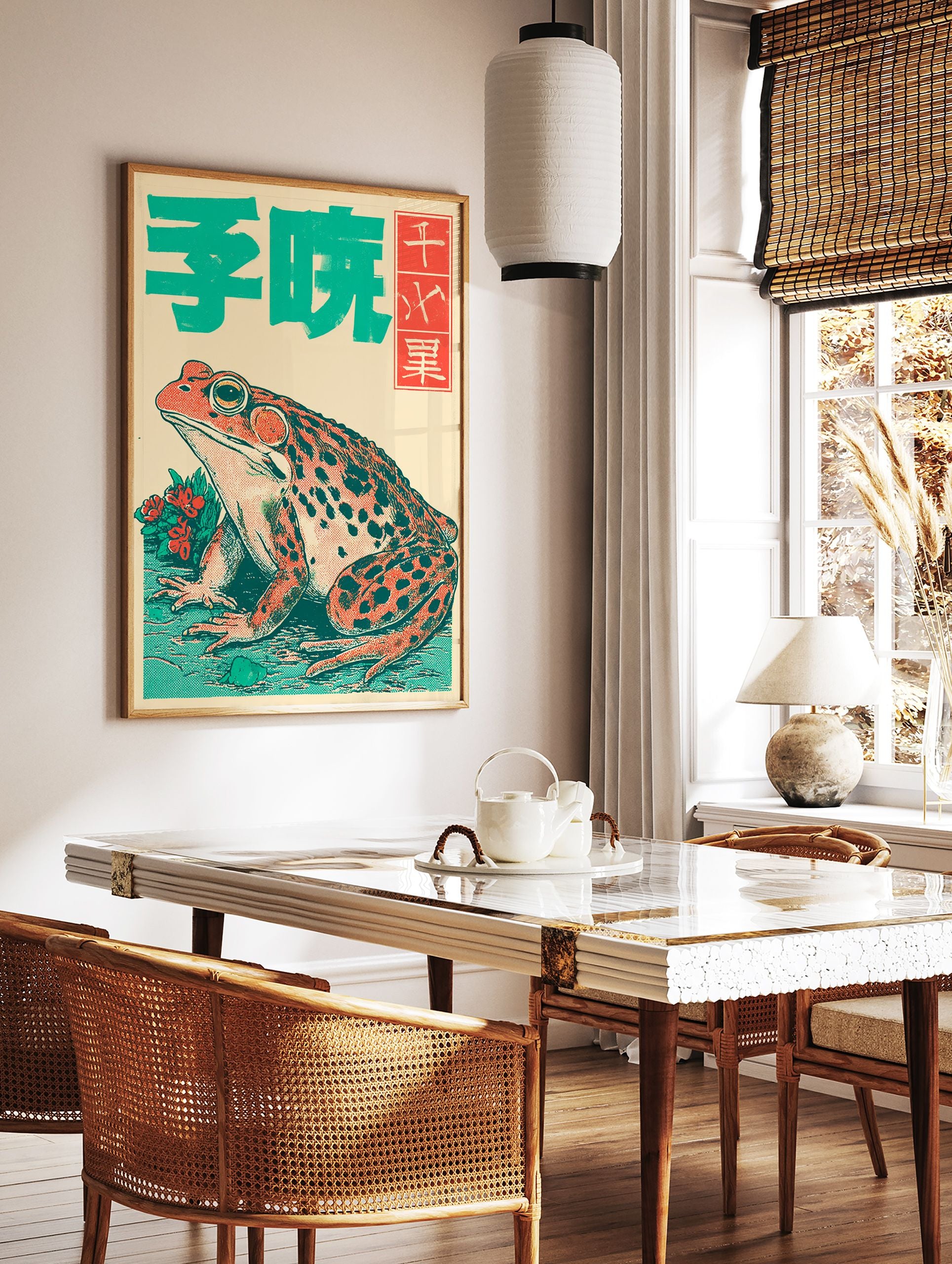 Japanese frog art poster featuring a vintage illustration of a green and red frog with East Asian typography. - Image 2