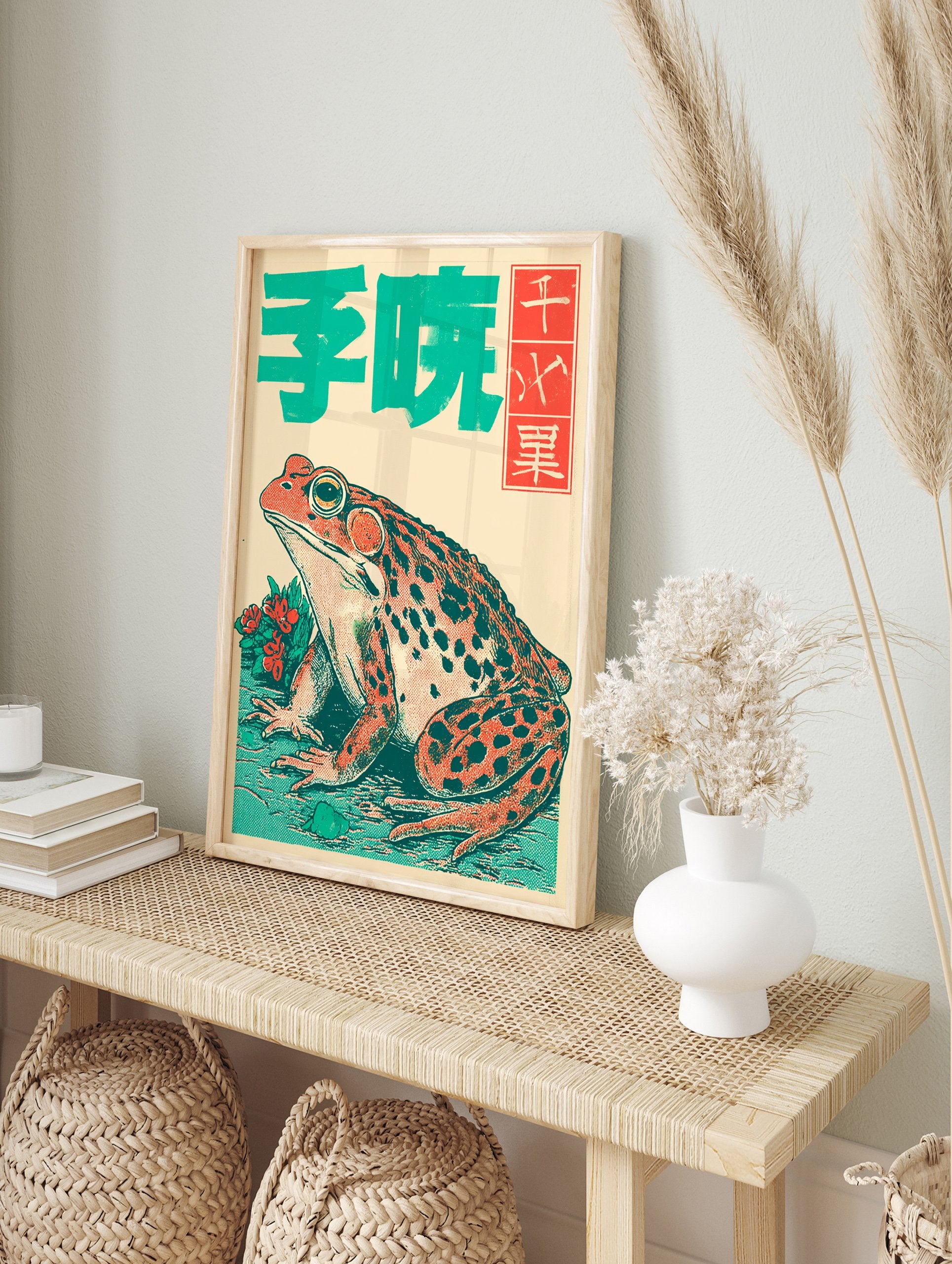 Japanese frog art poster featuring a vintage illustration of a green and red frog with East Asian typography. - Image 4