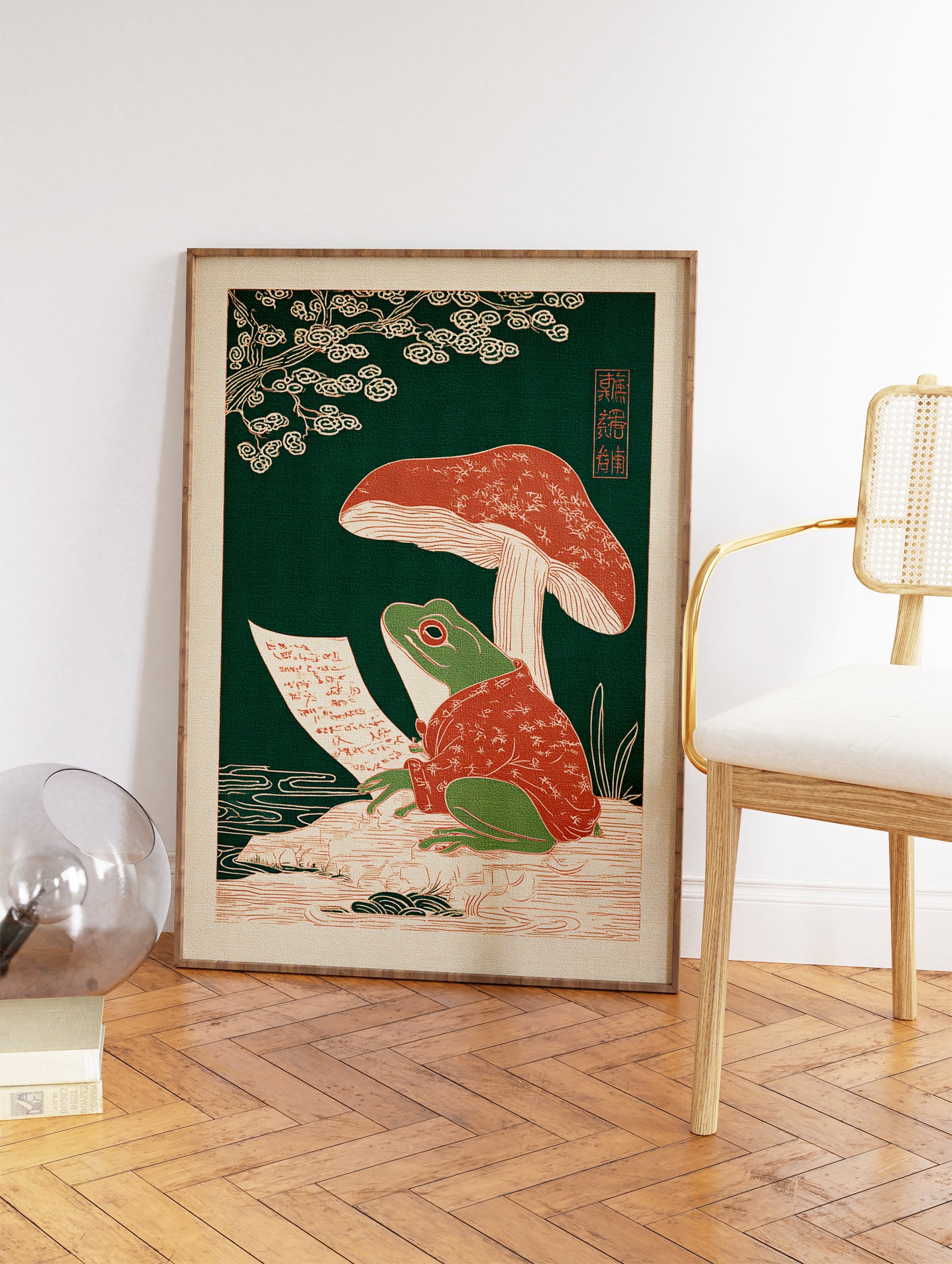 Japanese frog art print featuring a green frog in a red robe writing on a scroll under a mushroom with a green background. - Image 2
