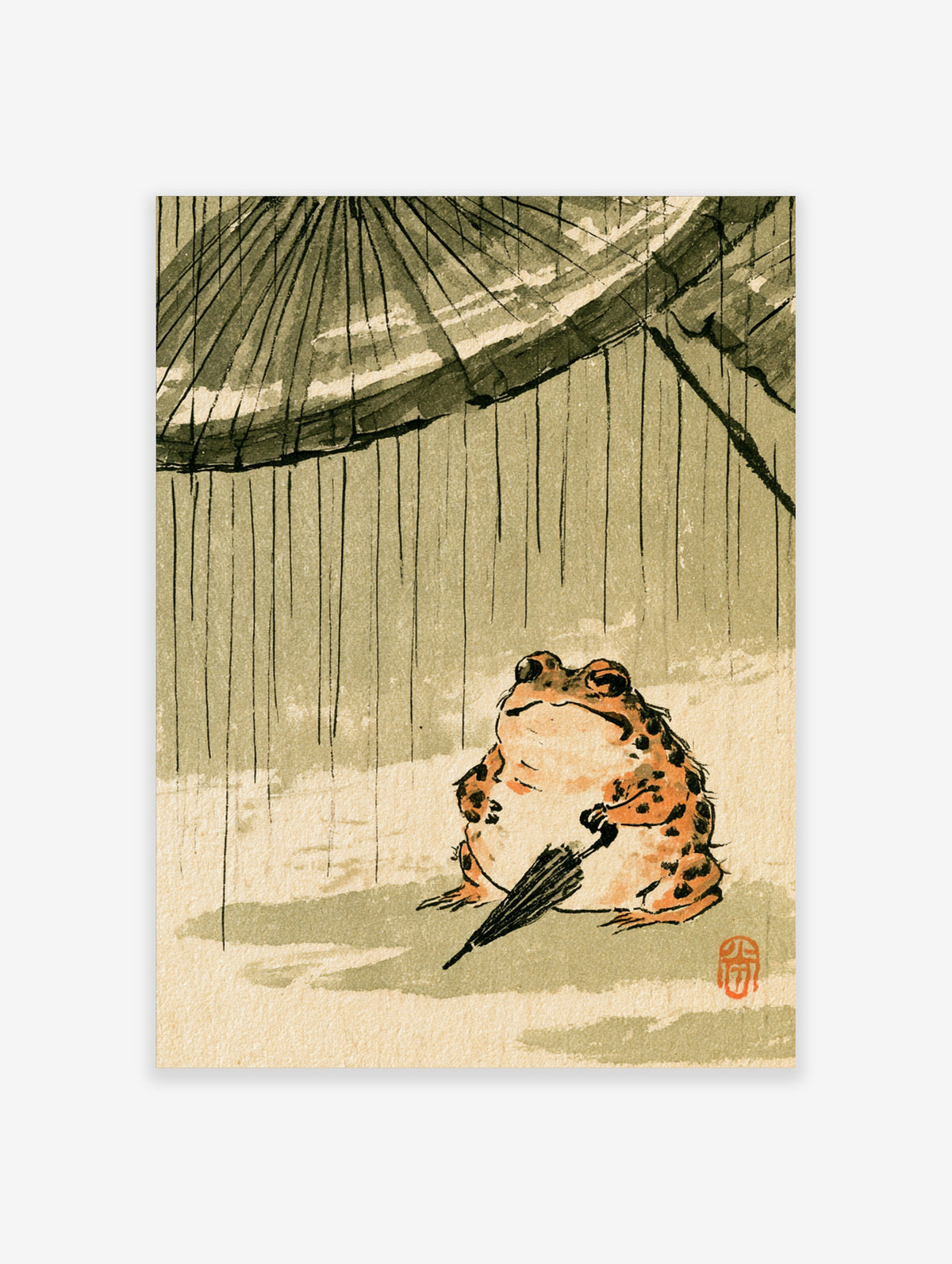 Japanese frog art print sitting under umbrella in rain, woodblock style