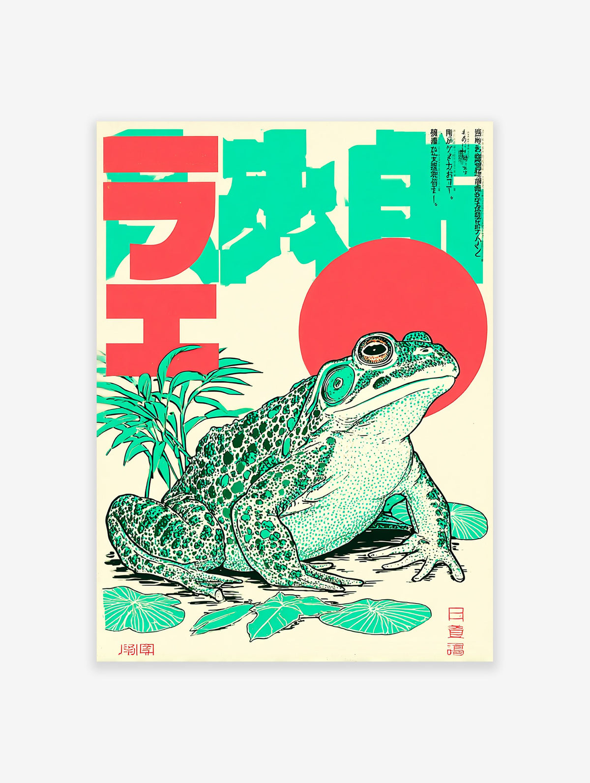 Japanese frog poster with a green illustrated frog, red sun, and Japanese text on a cream background.