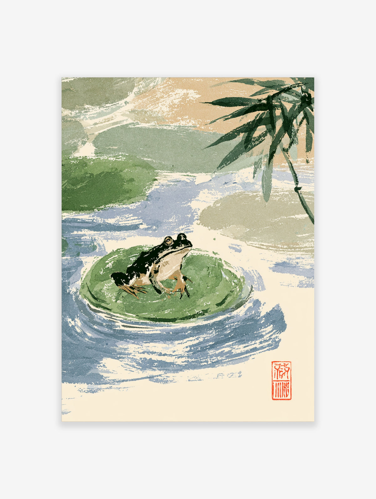 Japanese frog poster with frog on lily pad, blue water ripples and bamboo leaves