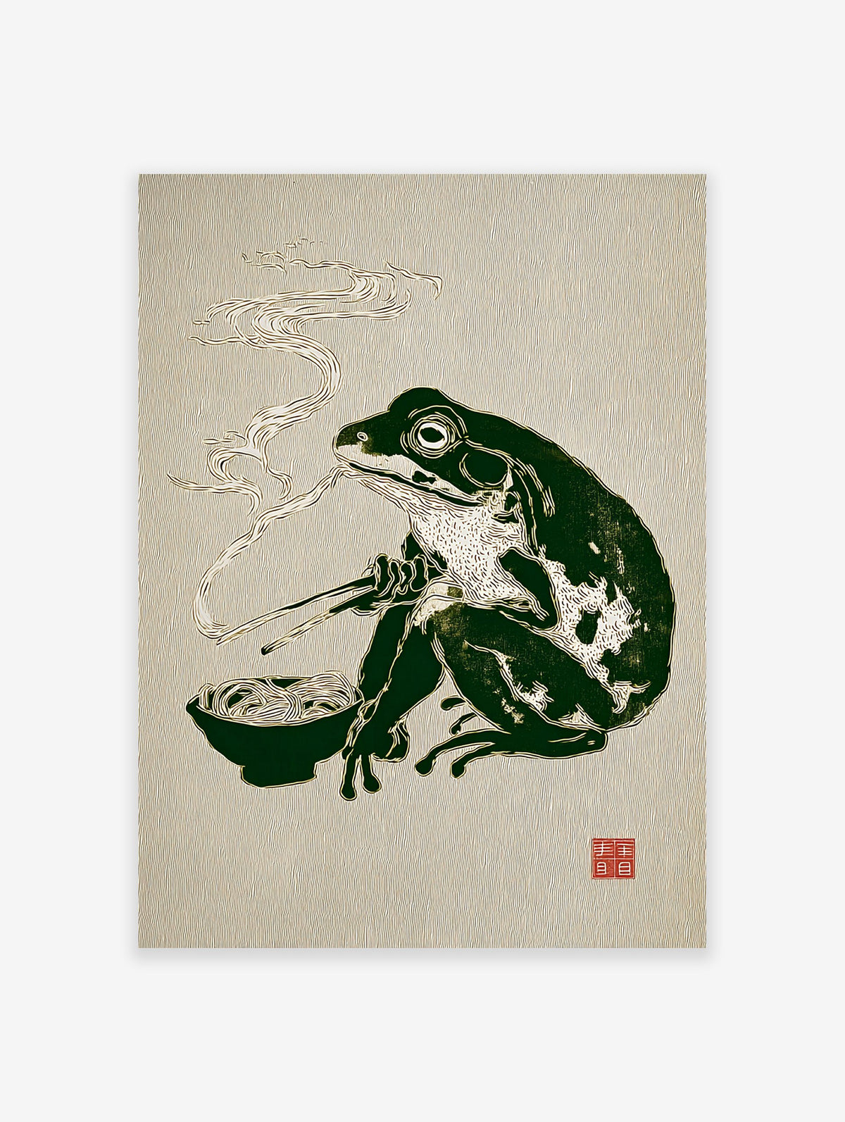 Illustrative Japanese frog art print of a dark green frog eating ramen noodles with chopsticks, with steam rising.