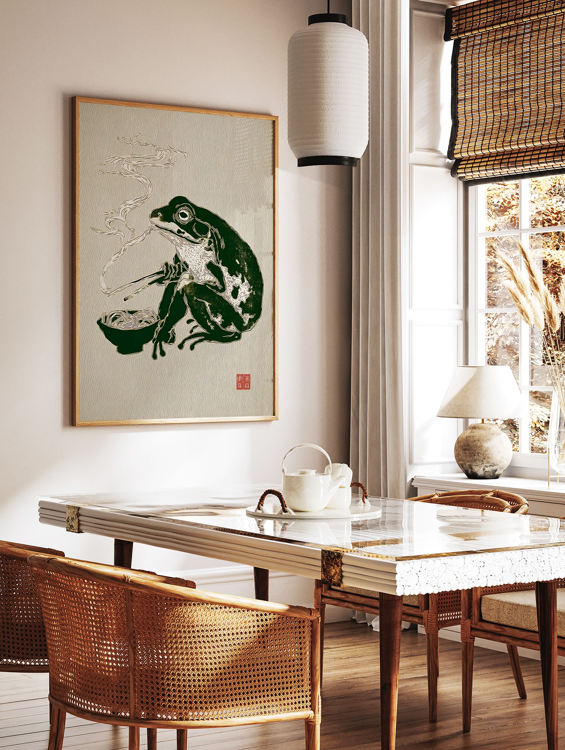 Illustrative Japanese frog art print of a dark green frog eating ramen noodles with chopsticks, with steam rising. - Image 3