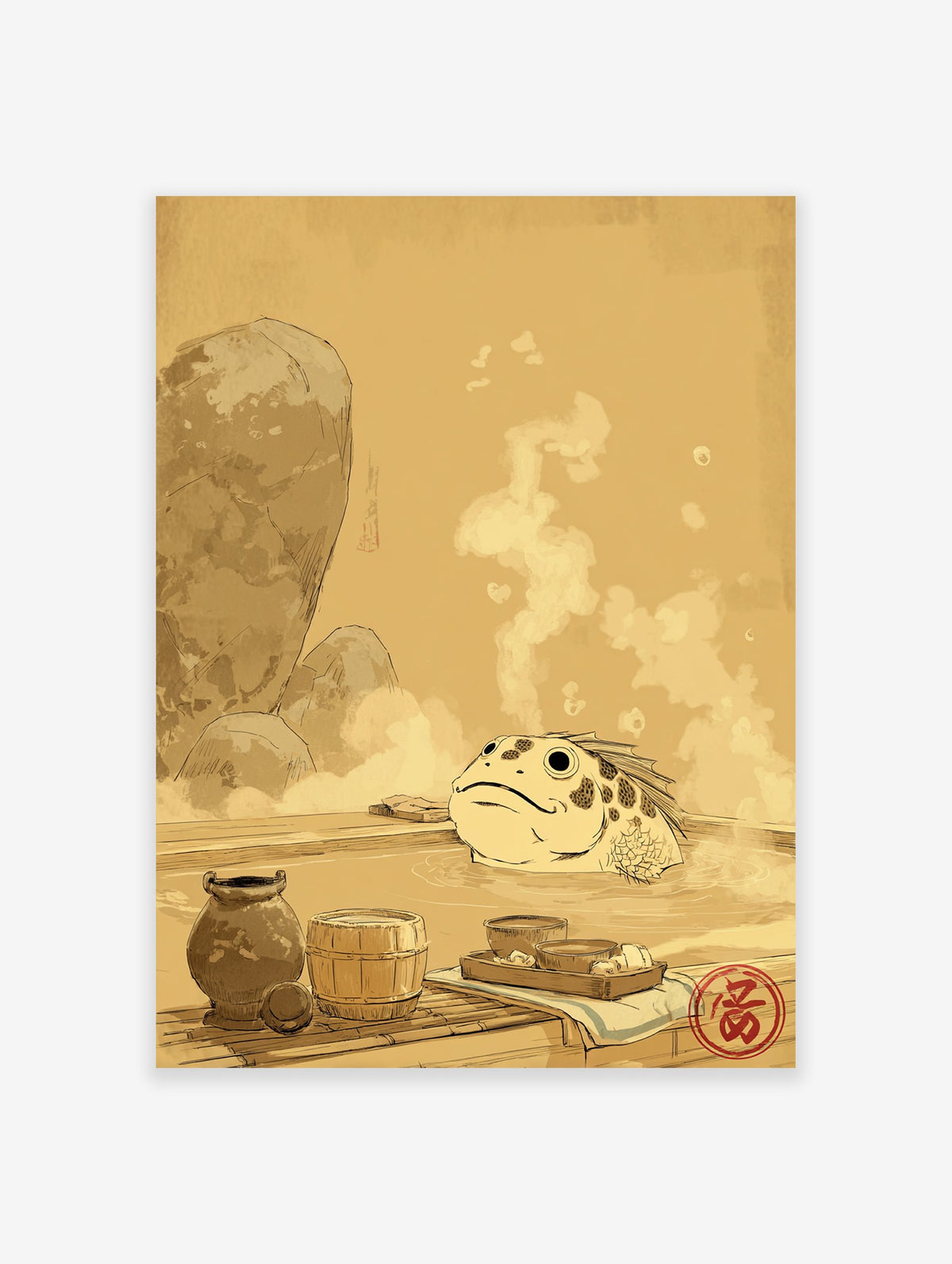 Japanese frog in a hot spring illustration, surrounded by steam, rocks, and traditional items in earthy tones.