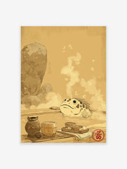 Japanese frog in a hot spring illustration, surrounded by steam, rocks, and traditional items in earthy tones.