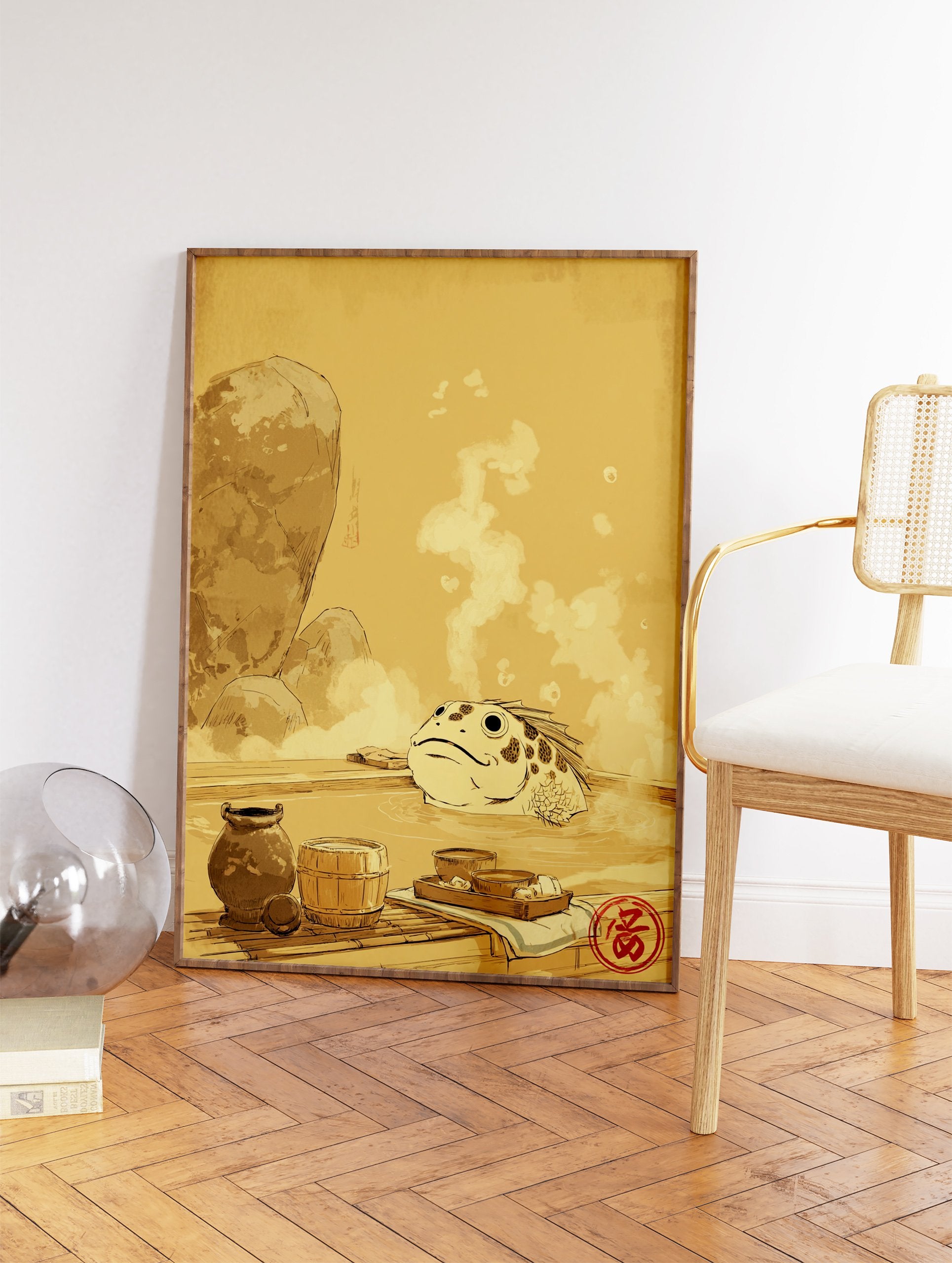 Japanese frog in a hot spring illustration, surrounded by steam, rocks, and traditional items in earthy tones. - Image 2