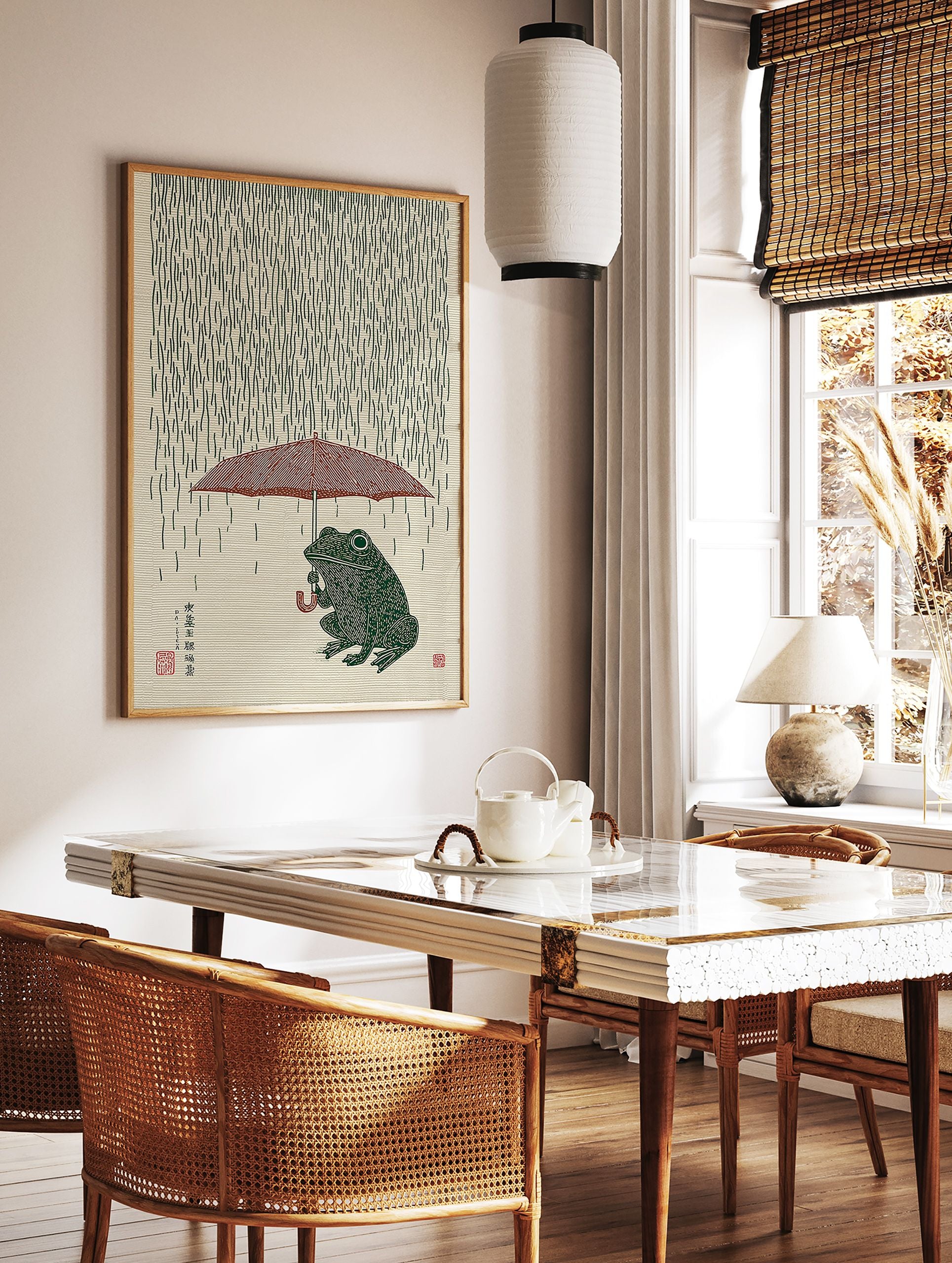 Japanese style illustration of a green frog holding a red umbrella in the rain on a textured beige background. - Image 3