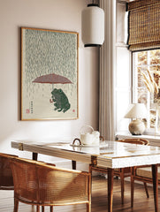 Japanese style illustration of a green frog holding a red umbrella in the rain on a textured beige background. - Image 3