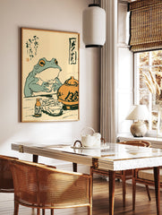Vintage Japanese frog wall art illustration of a green frog drinking tea from a cup, with an orange teapot and calligraphy. - Image 3