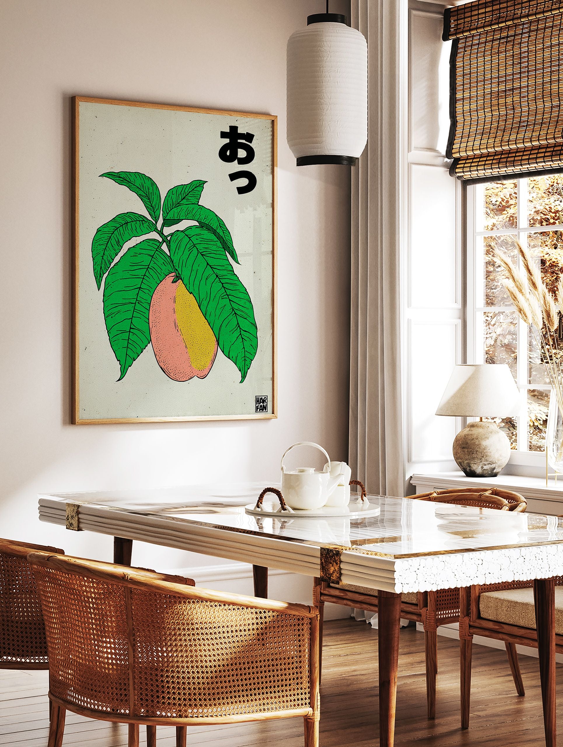 Japanese fruit poster featuring a pink and yellow peach or mango on a green leafy branch with Japanese text. - Image 2