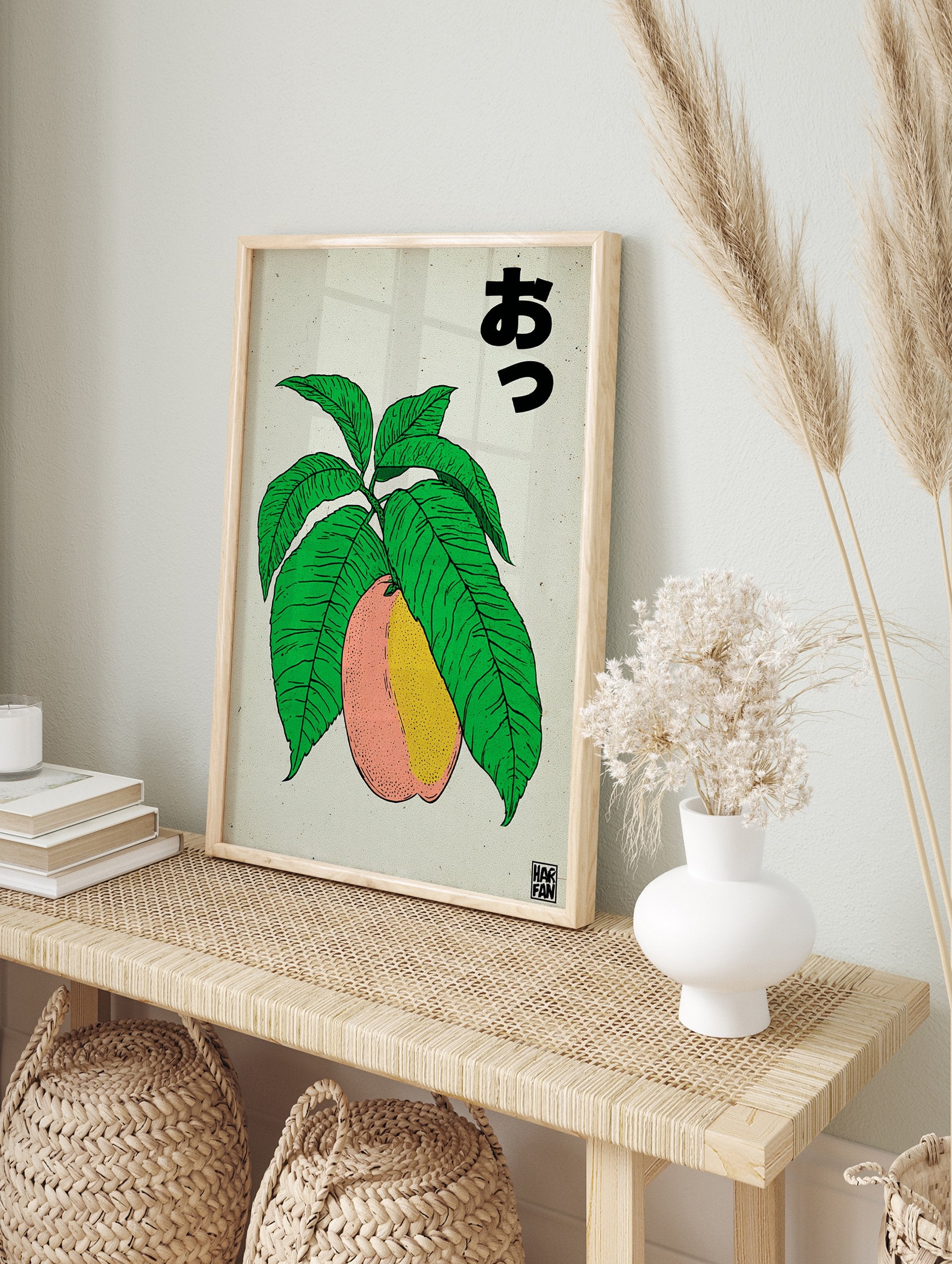 Japanese fruit poster featuring a pink and yellow peach or mango on a green leafy branch with Japanese text. - Image 4