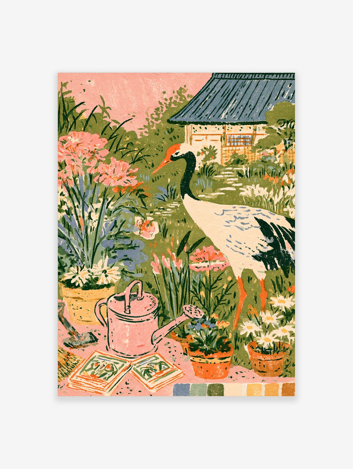 Japanese garden crane poster with pink flowers, watering can, and blue-roofed pavilion