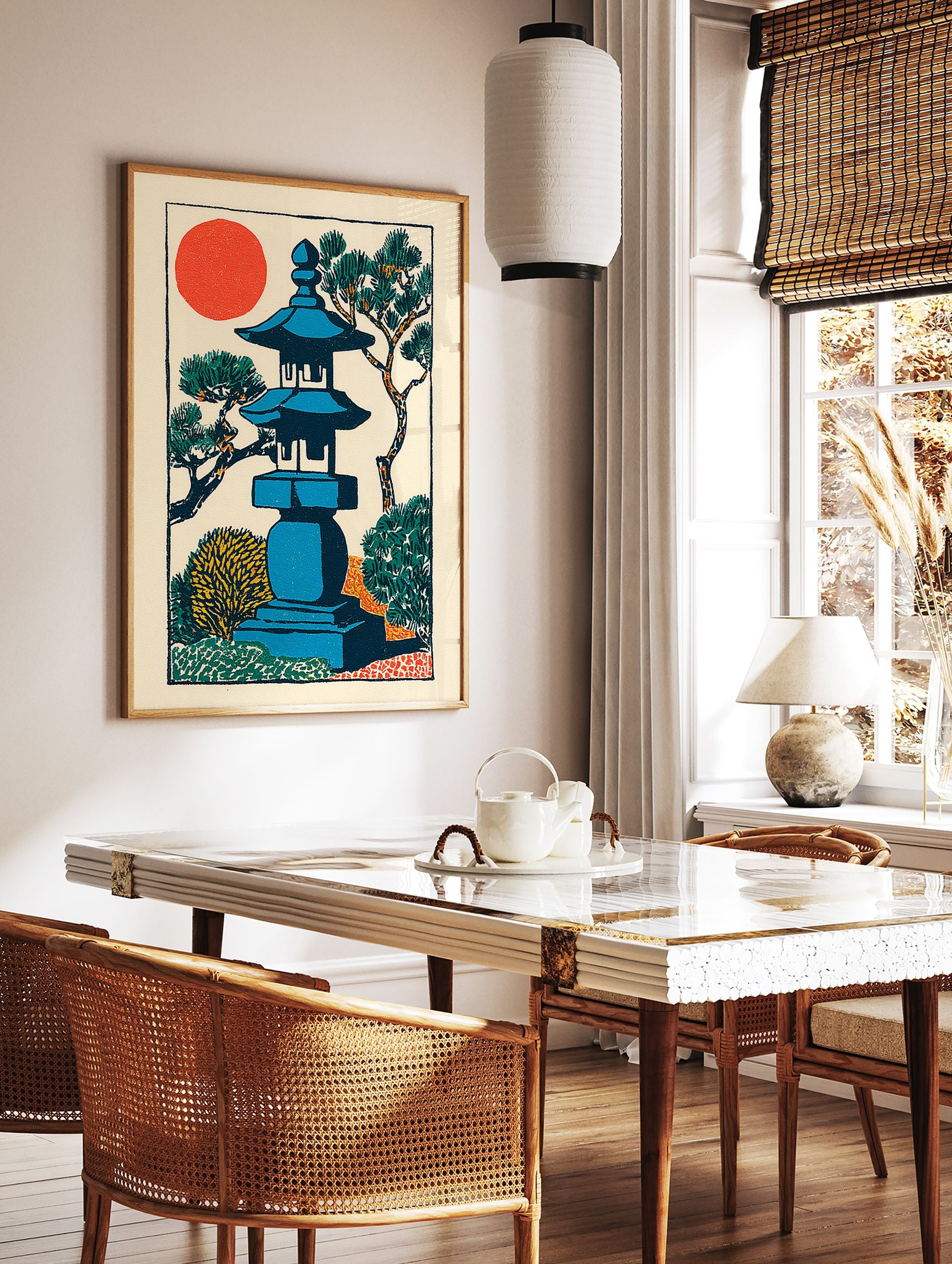 Japanese garden woodblock print with blue lantern, red sun, and green pine trees on a cream background. - Image 2