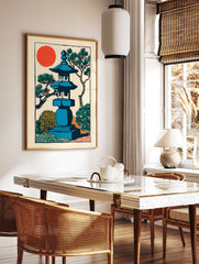 Japanese garden woodblock print with blue lantern, red sun, and green pine trees on a cream background. - Image 2