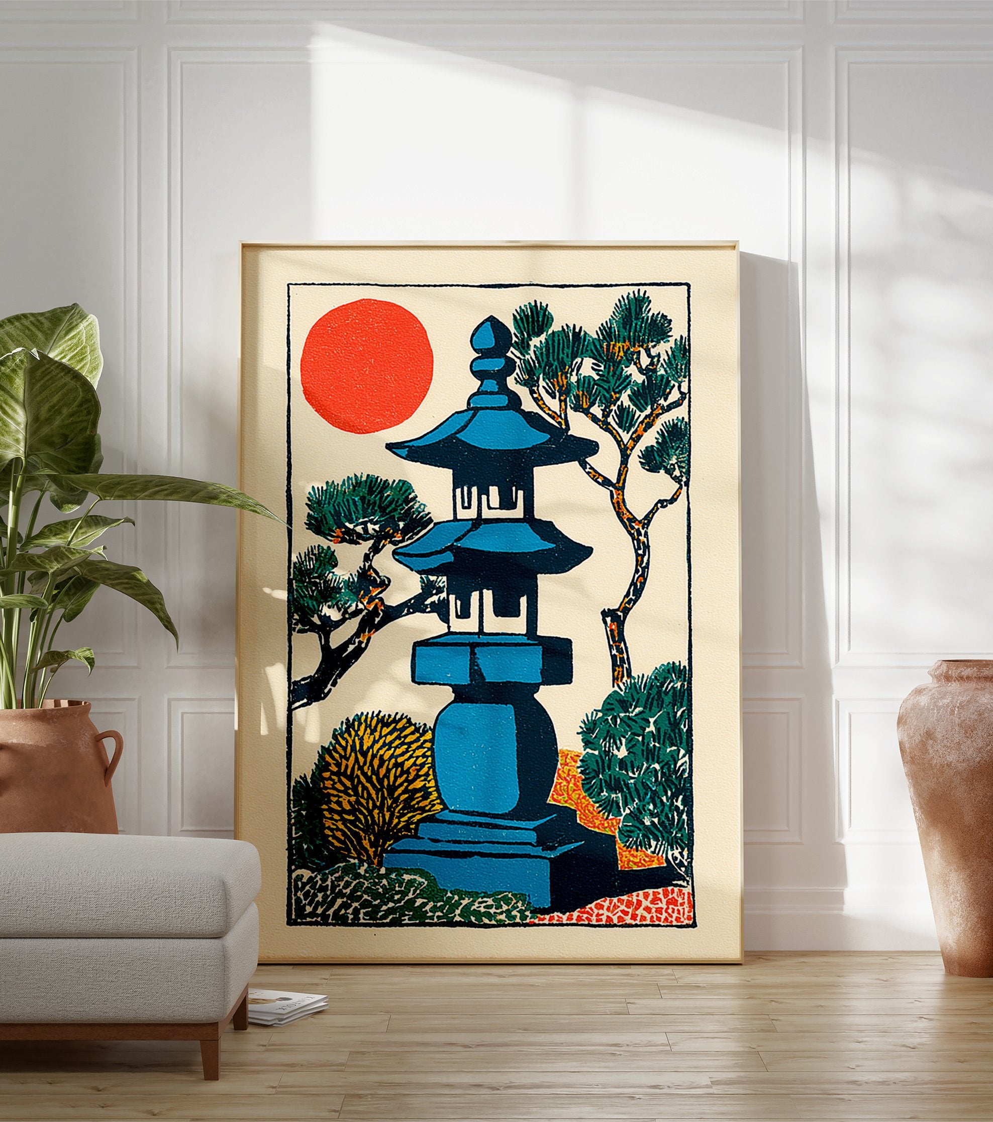 Japanese garden woodblock print with blue lantern, red sun, and green pine trees on a cream background. - Image 3