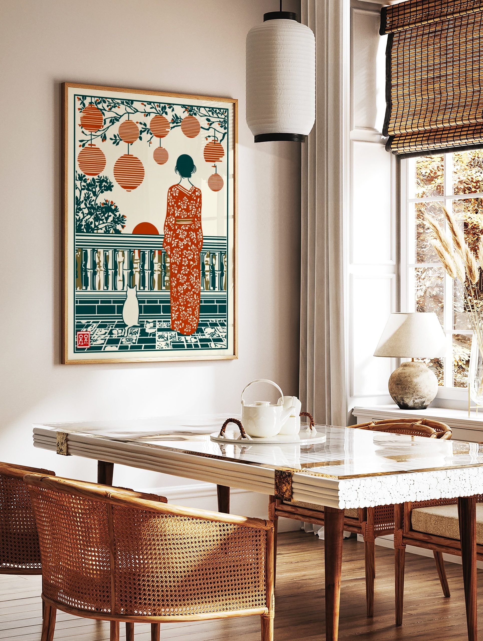 Illustrative print of a woman in floral kimono with a cat, lanterns, and sunset on a tiled patio, in a styled room mockup