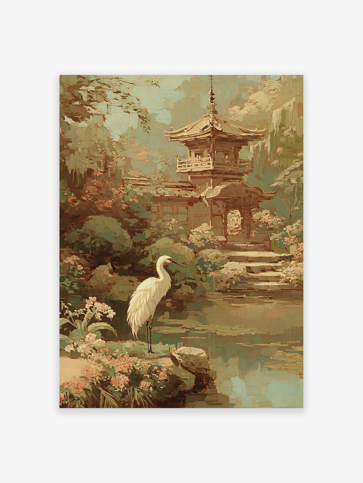 Impressionistic Japanese garden wall art featuring a white egret by a pond, a traditional pagoda, and lush green and pink foliage.