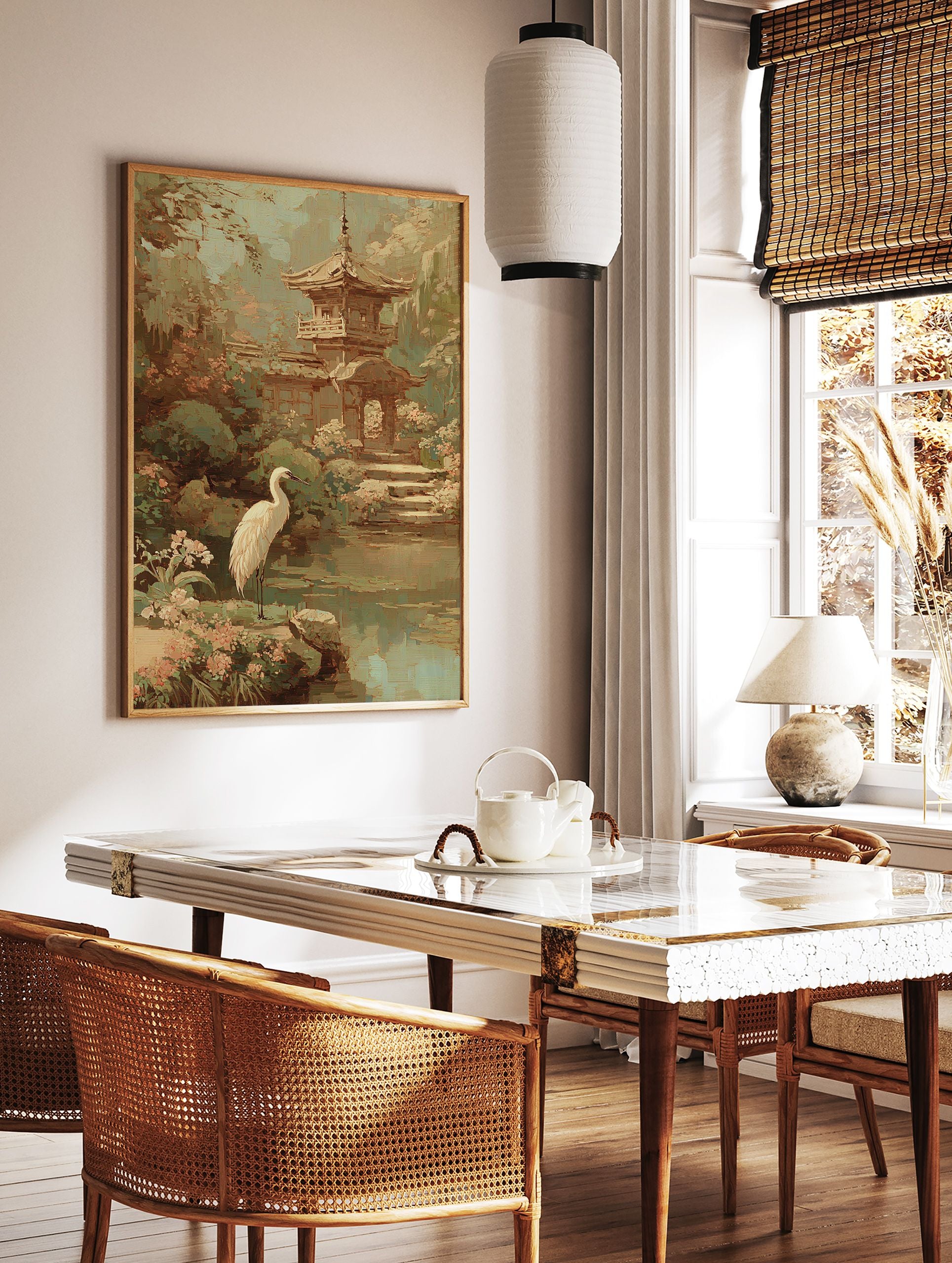 Impressionistic Japanese garden wall art featuring a white egret by a pond, a traditional pagoda, and lush green and pink foliage. - Image 2