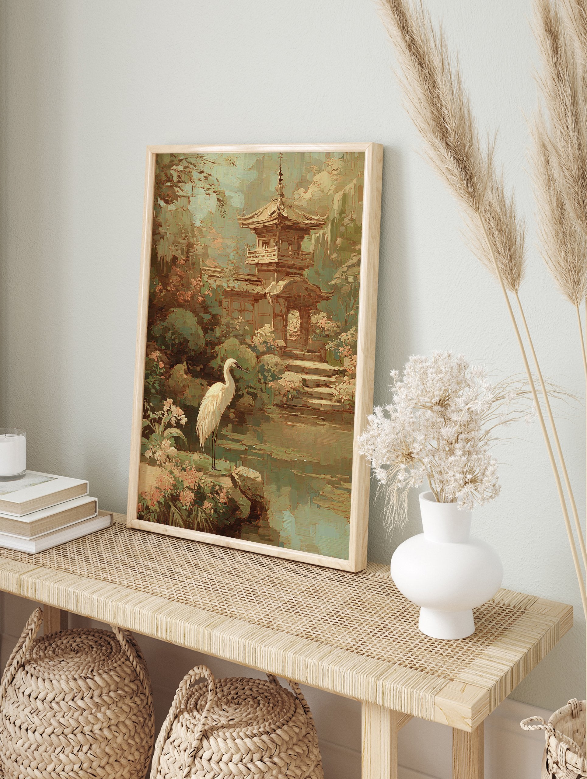 Impressionistic Japanese garden wall art featuring a white egret by a pond, a traditional pagoda, and lush green and pink foliage. - Image 3